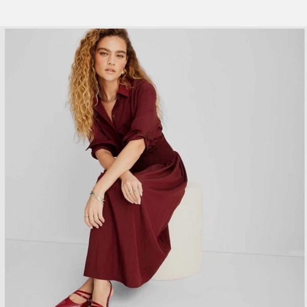 🍵 Future Collective Collared Long Sleeve Smocked Midi Shirtdress • Burgundy - Picture 3 of 4